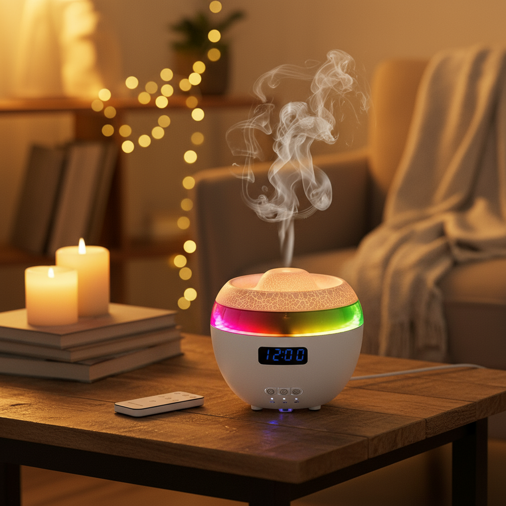 🌿GlowMist 5-in-1 Smart Diffuser & Clock – Essential Oil Humidifier with Flame Light Ambiance